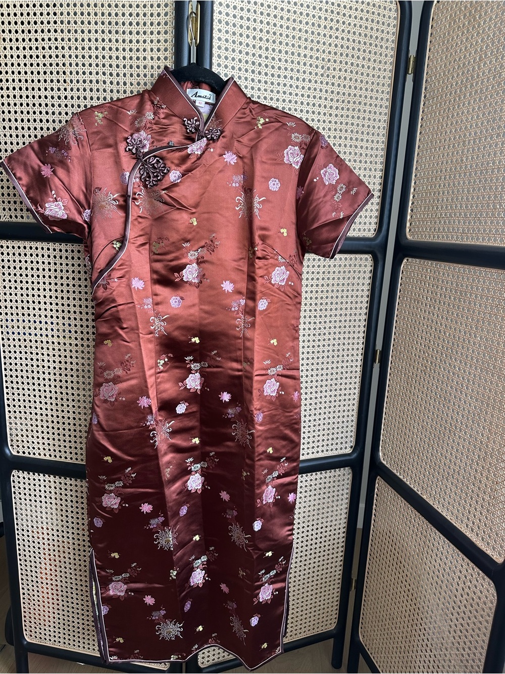 Women’s Satin Chocolate Brown Cheongsam Qipao Dress with Pink Floral Embroidery